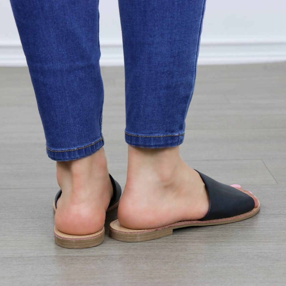 Faux Leather Slip On Slider Black Flat Sandals - Picture 2 of 8